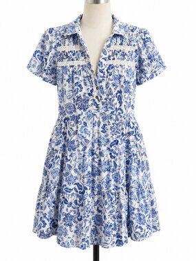 Anthropologie Blue Floral Button Front Mini Dress Smocked Bodice S